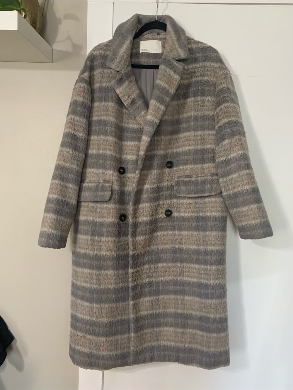 OAK + FORT Double-Breasted Striped Pea Coat in Gray and Cream